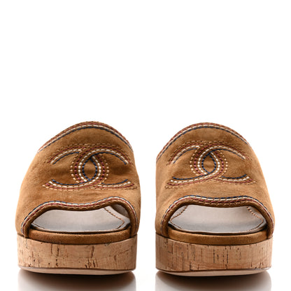 Chanel Suede Calfskin Cork CC Wedge Sandal 39.5 Brown 2 of 8