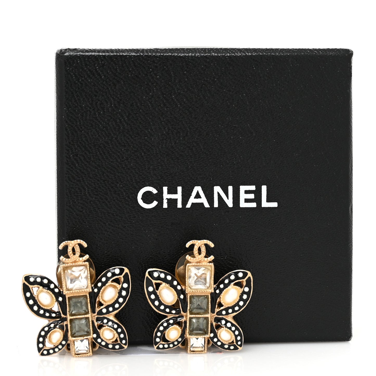 Crystal Pearl CC Butterfly Clip On Earrings Gold