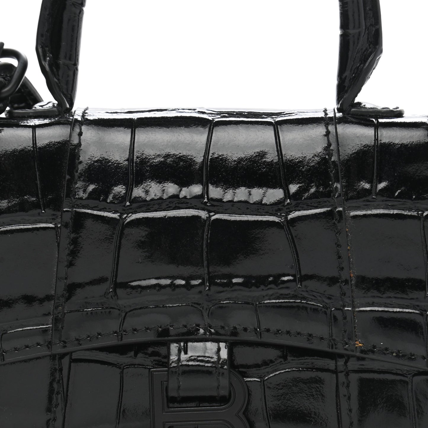 Shiny Calfskin Monochrome Crocodile Embossed Hourglass Top Handle Bag Mini Black