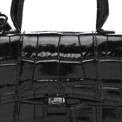 Balenciaga Shiny Calfskin Monochrome Crocodile Embossed Hourglass Top Handle Bag Mini Black 7 of 10