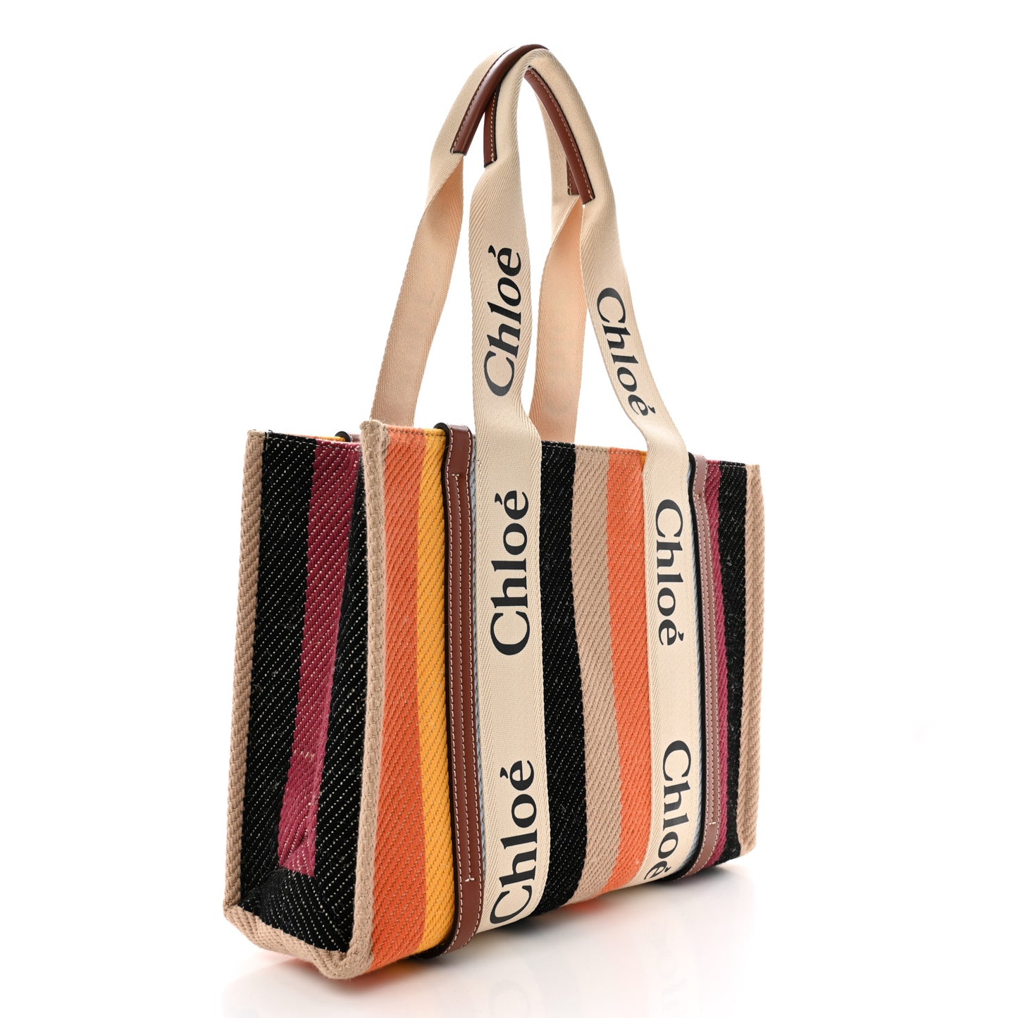 Cotton Calfskin Medium Woody Striped Tote Multicolor
