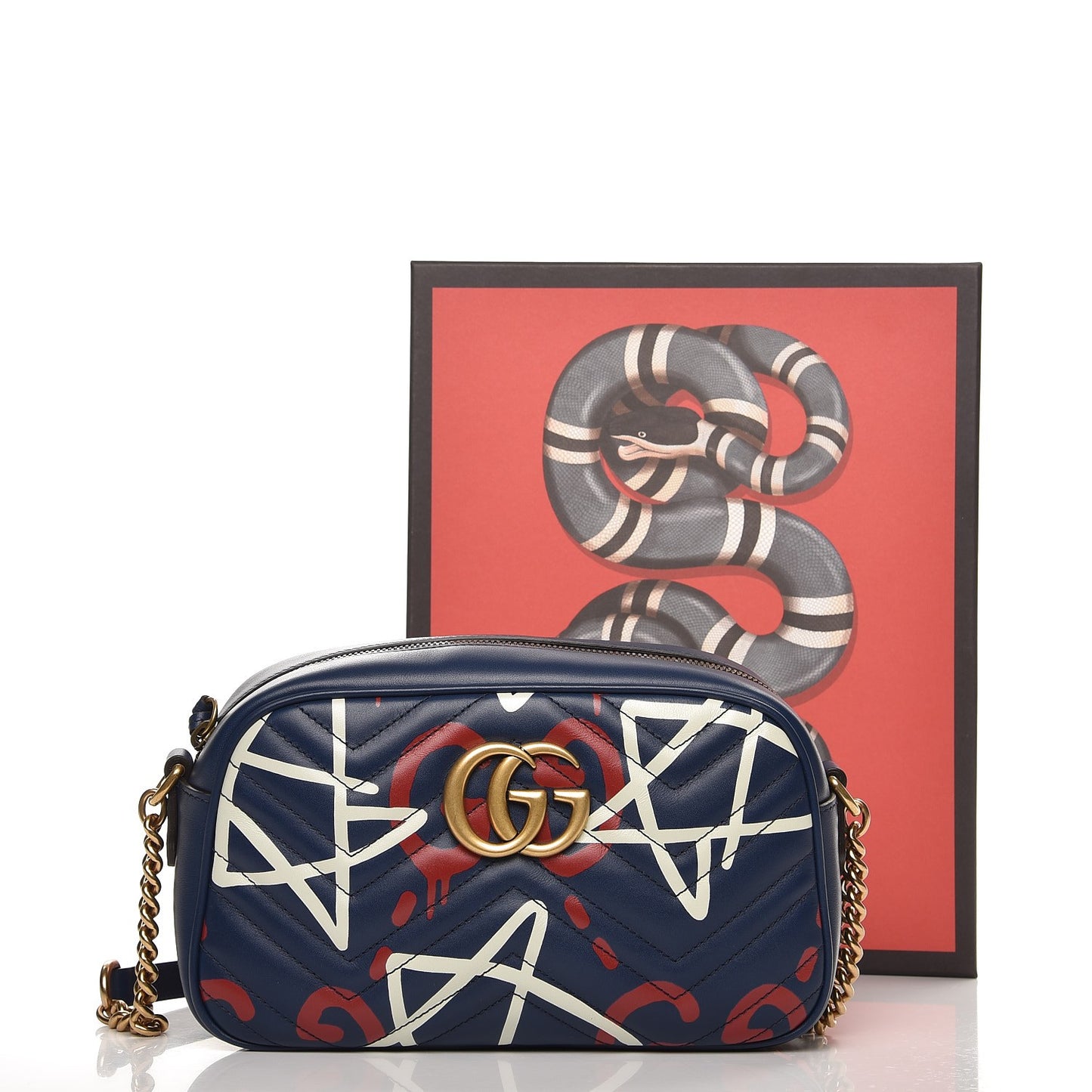 Calfskin Matelasse GucciGhost Small GG Marmont Chain Shoulder Bag Blue Agata Hibiscus Red