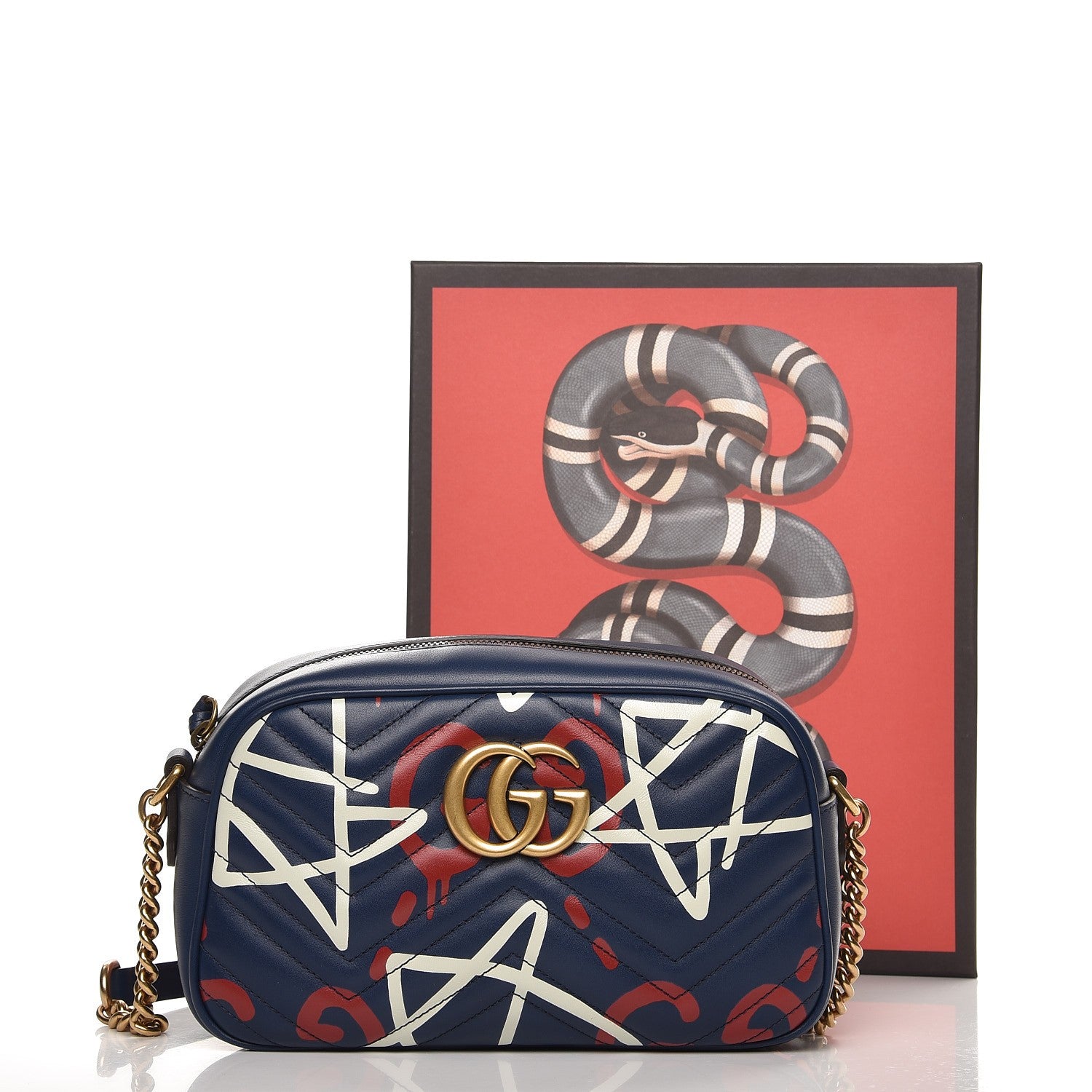 Gucci Calfskin Matelasse GucciGhost Small GG Marmont Chain Shoulder Bag Blue Agata Hibiscus Red 8 of 8