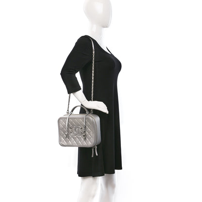 Chanel Metallic Caviar Quilted Large CC Filigree Vanity Case Silver 2 of 13