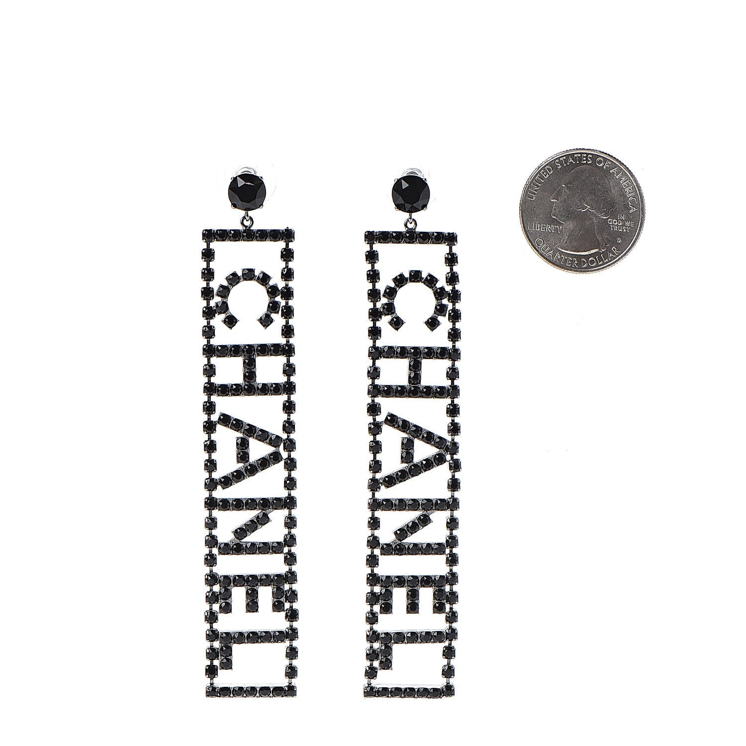 Chanel Ruthenium Crystal Logo Drop Earrings Black 2 of 4