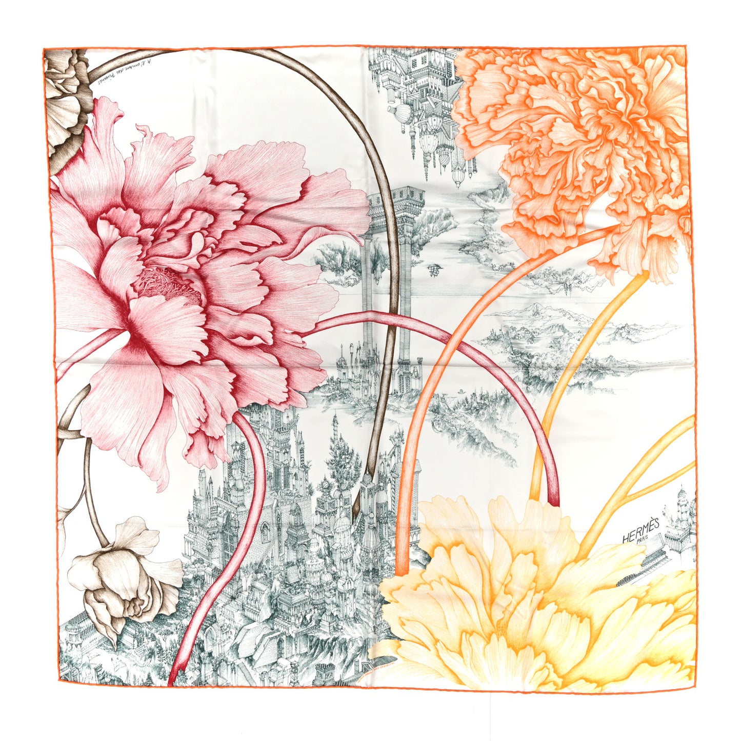 Silk A l'Ombre des Pivoines Scarf 90 White Orange Vert
