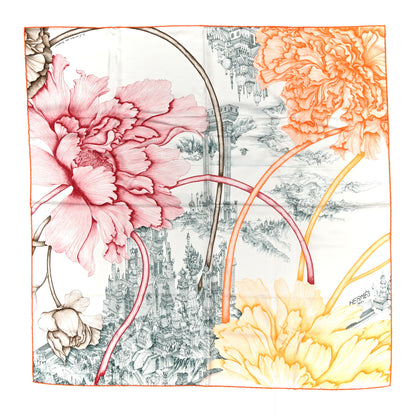 Hermes Silk A l'Ombre des Pivoines Scarf 90 White Orange Vert 1 of 10