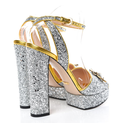 Gucci Glitter Soko Bee Platform High Heel Sandals 40 Argento Oro Vecchio 4 of 10