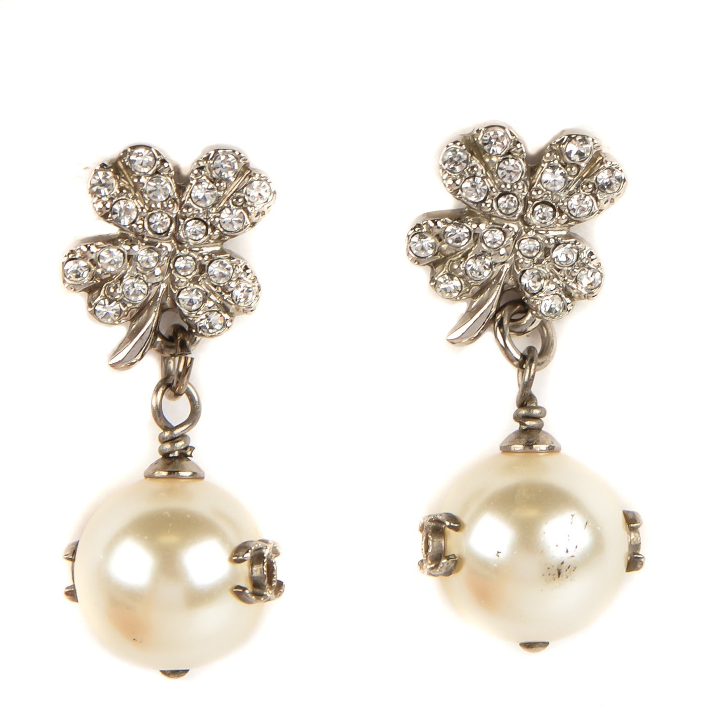 Crystal Pearl CC Clover Drop Earrings Silver