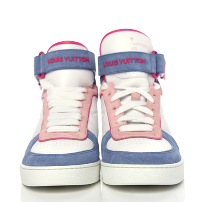 Louis Vuitton Sheepskin Embossed Suede Calfskin Womens Boombox High-Top Sneakers 37.5 White Denim Blue 2 of 10