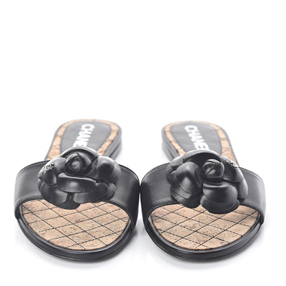 Chanel Lambskin Cork Camellia Sandals 37 Black 2 of 7