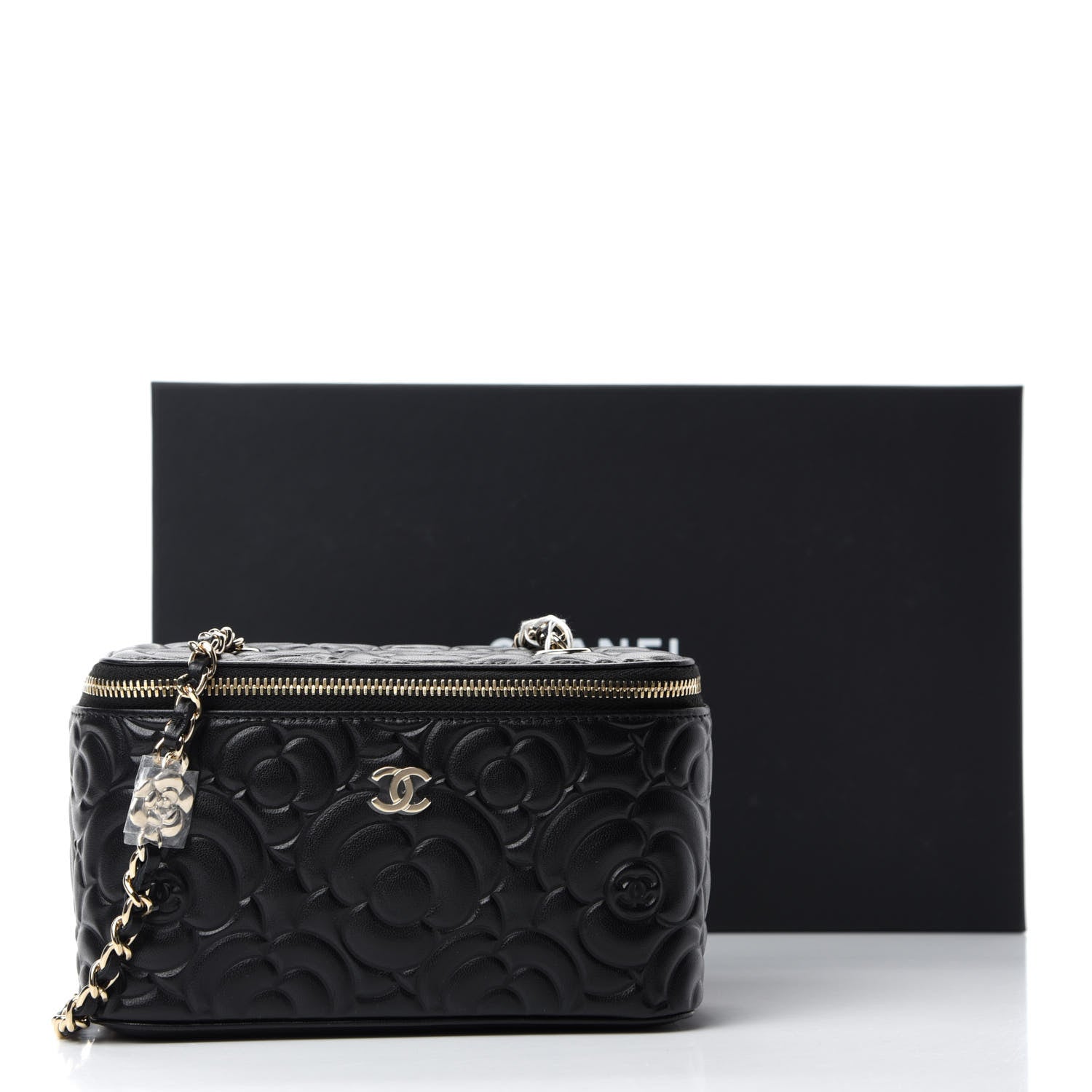 Chanel Lambskin Camellia Embossed Small Vanity Case With Chain Black 11 of 11