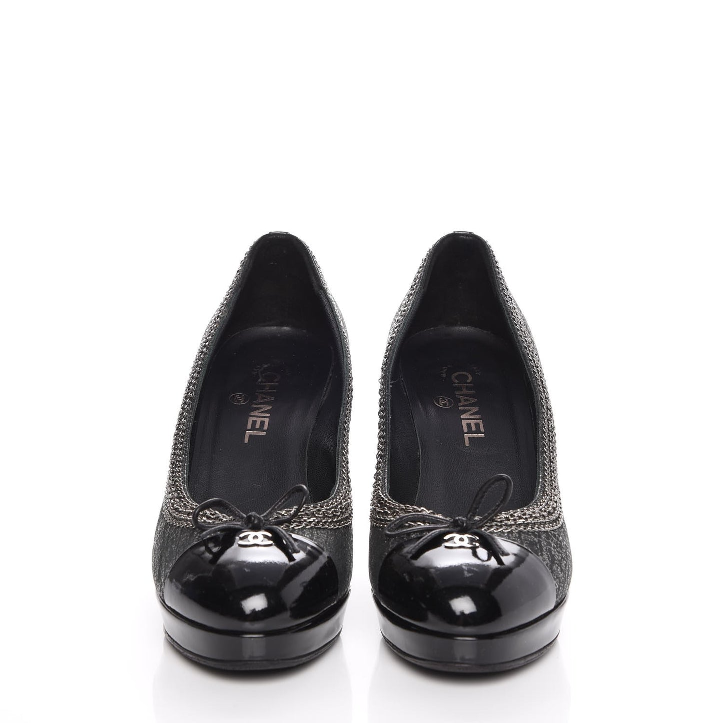 Metallic Tweed Patent Cap Toe CC Chain Pumps 39.5 Black