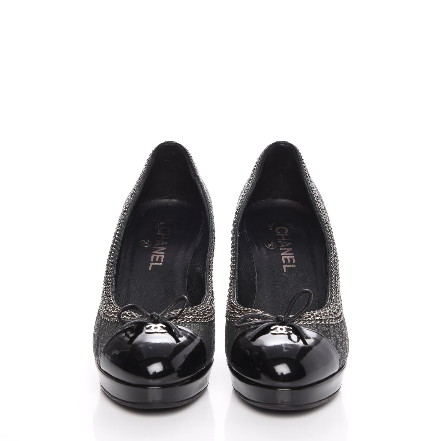 Chanel Metallic Tweed Patent Cap Toe CC Chain Pumps 39.5 Black 2 of 14