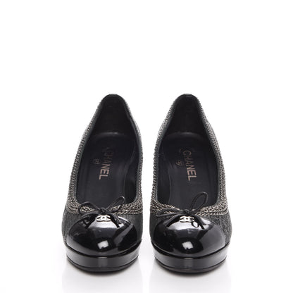 Chanel Metallic Tweed Patent Cap Toe CC Chain Pumps 39.5 Black 2 of 14