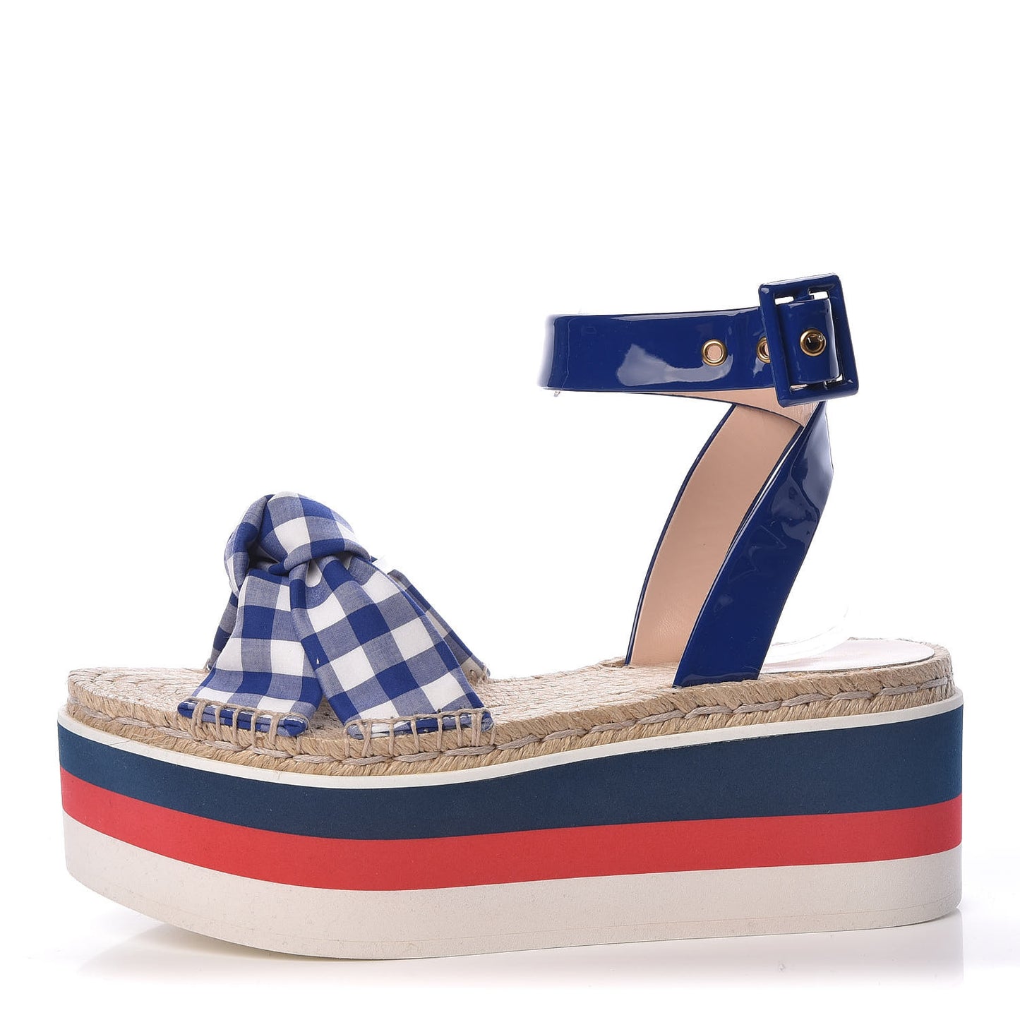 Patent Cotton Gingham Sefir Espadrille Platform Sandals 39.5 Blue White