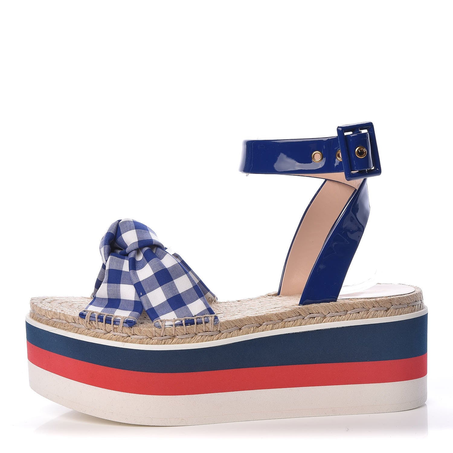 Gucci Patent Cotton Gingham Sefir Espadrille Platform Sandals 39.5 Blue White 1 of 10