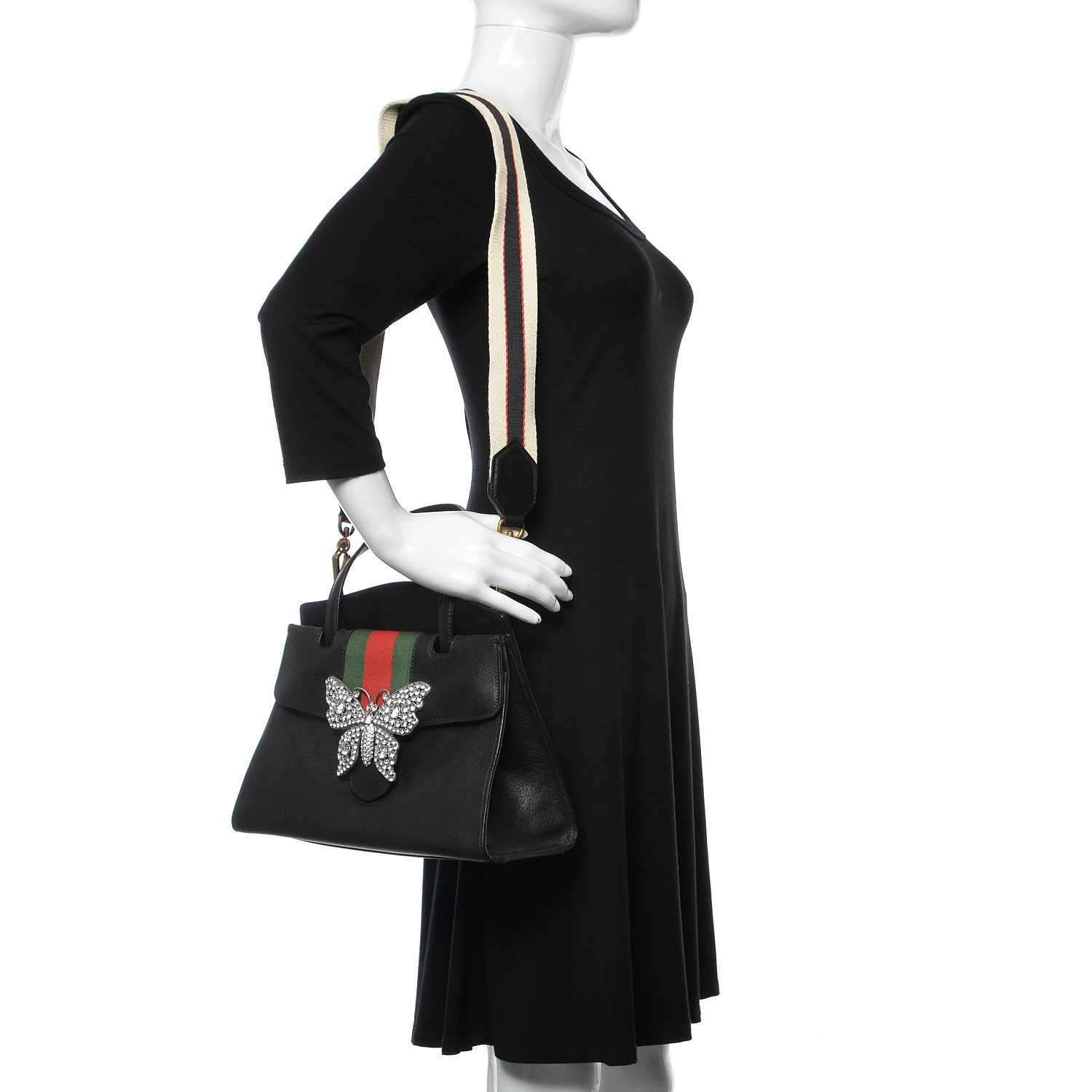 Gucci Grained Calfskin Web Crystal Butterfly Stripe Medium Totem Top Handle Bag Black 2 of 10