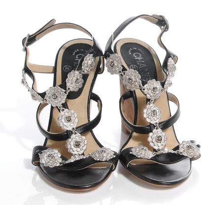 Chanel Lambskin Cork Camellia Wedge Sandals Black Silver 38 2 of 5