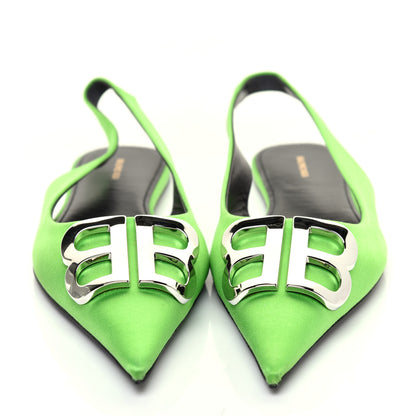 Balenciaga Satin BB Knife Pointy Toe Slingback Flats 39 Neon Green 2 of 10