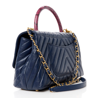 Chanel Aged Calfskin Snakeskin Chevron Quilted Small Coco Handle Flap Navy 3 of 11