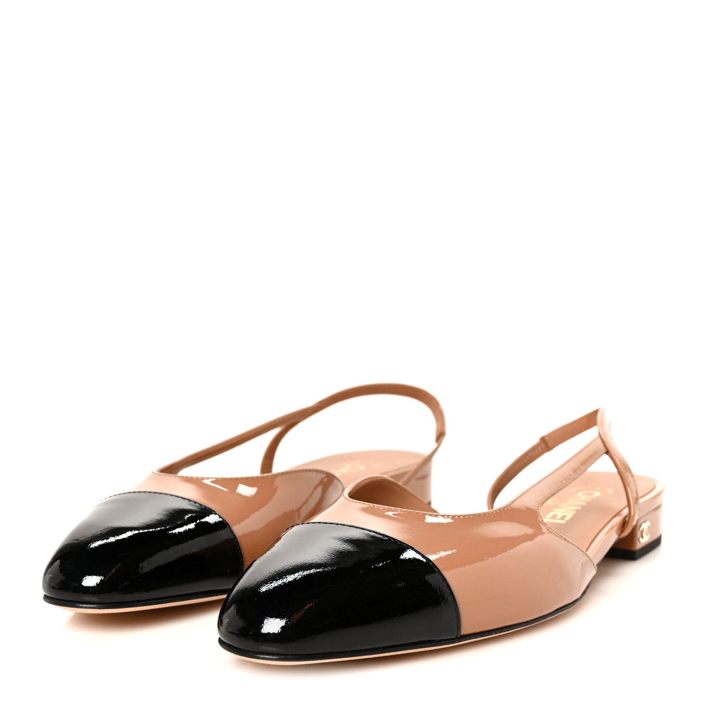 Patent Calfskin Cap Toe CC Slingback Sandals 39 Dark Beige Black