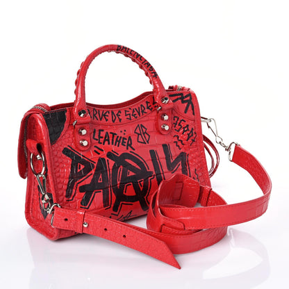 Balenciaga Calfskin Crocodile Embossed Graffiti Classic Hardware Mini City Bright Red Black 3 of 8