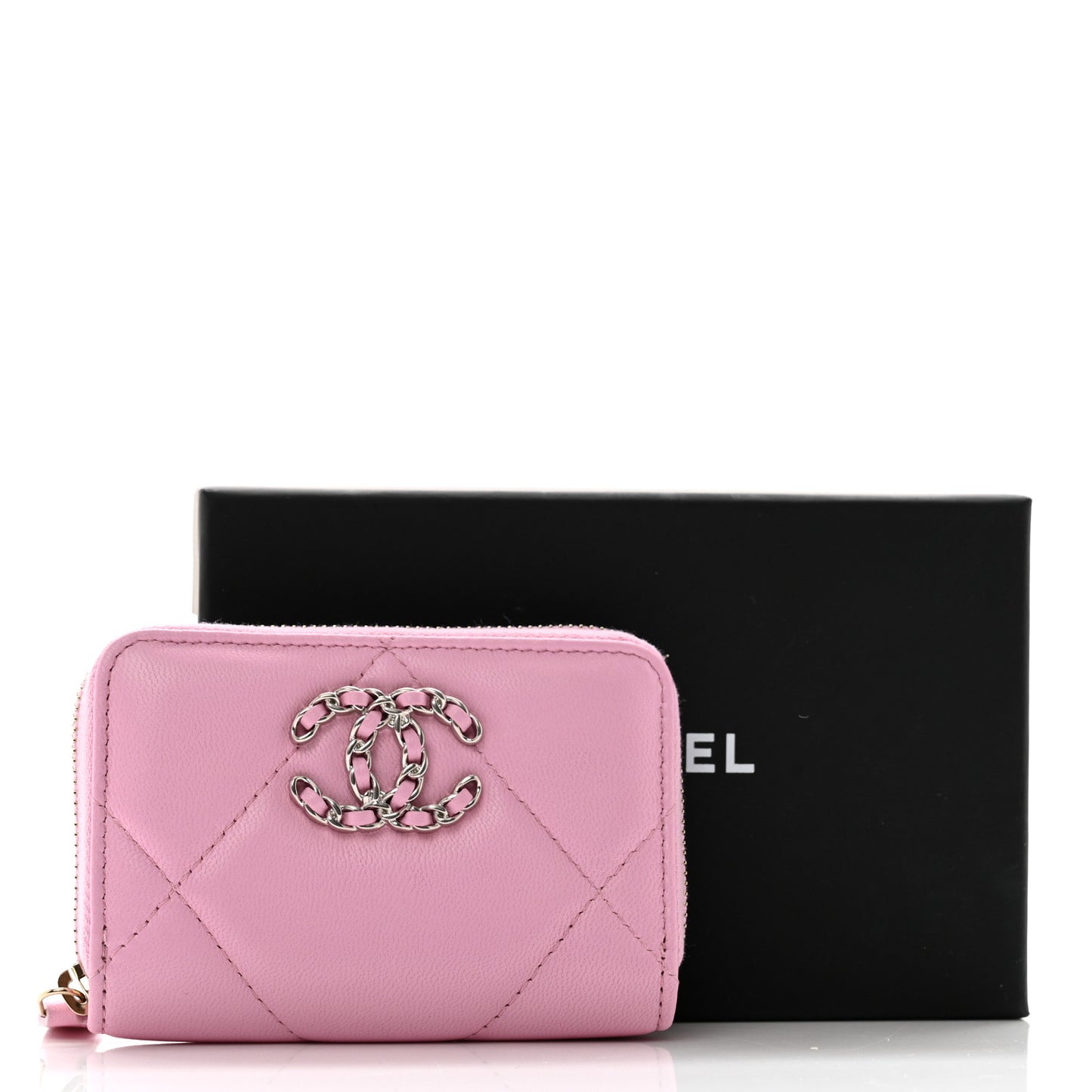 Lambskin Quilted Chanel 19 Zip Around Coin Purse Wallet Light Pink