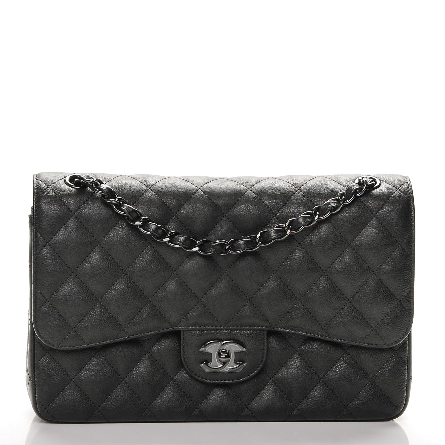 Crumpled Calfskin Quilted Jumbo Double Flap So Black