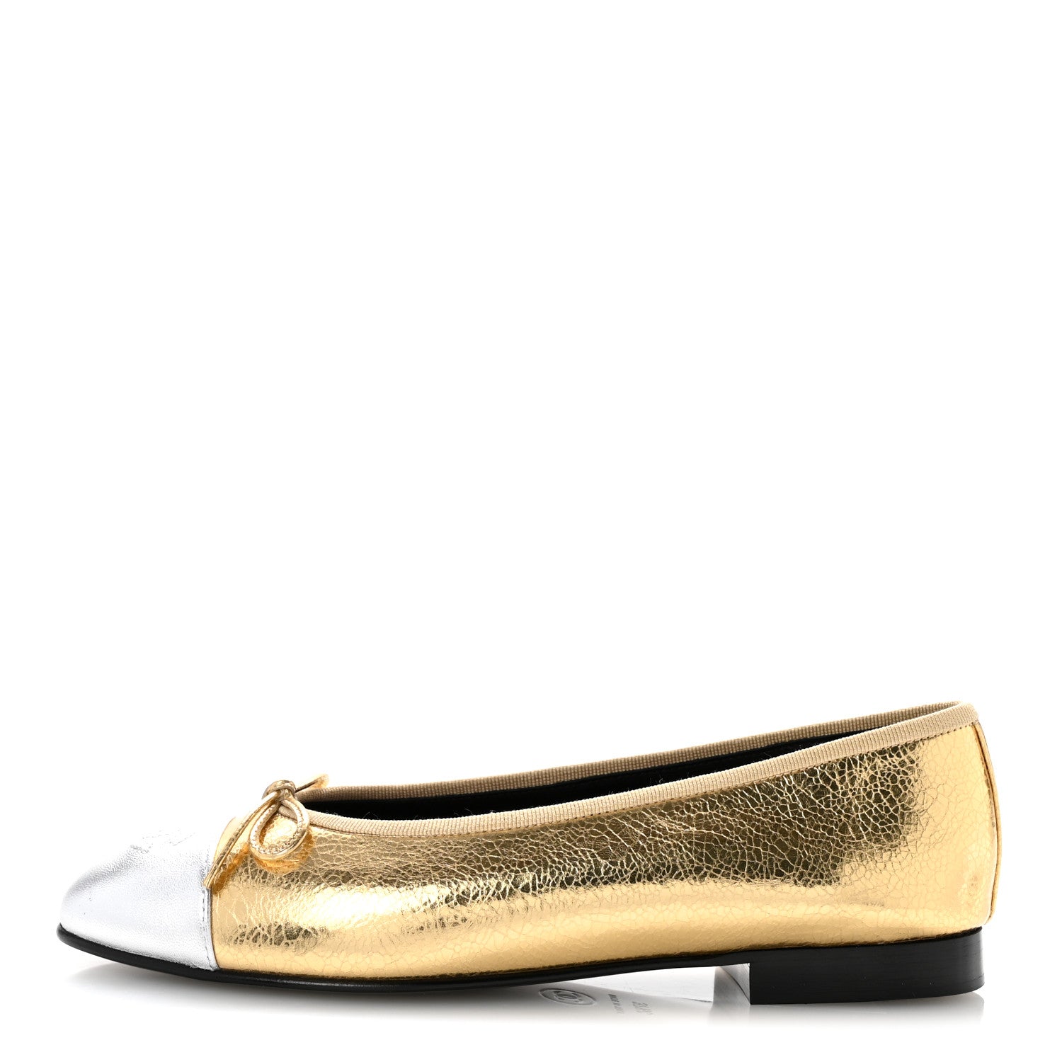Chanel Metallic Crackled Laminated Calfskin CC Cap Toe Ballerina Flats 37.5 Gold Silver 1 of 11