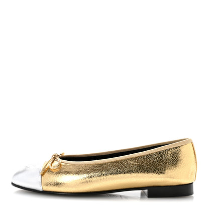 Chanel Metallic Crackled Laminated Calfskin CC Cap Toe Ballerina Flats 37.5 Gold Silver 1 of 11