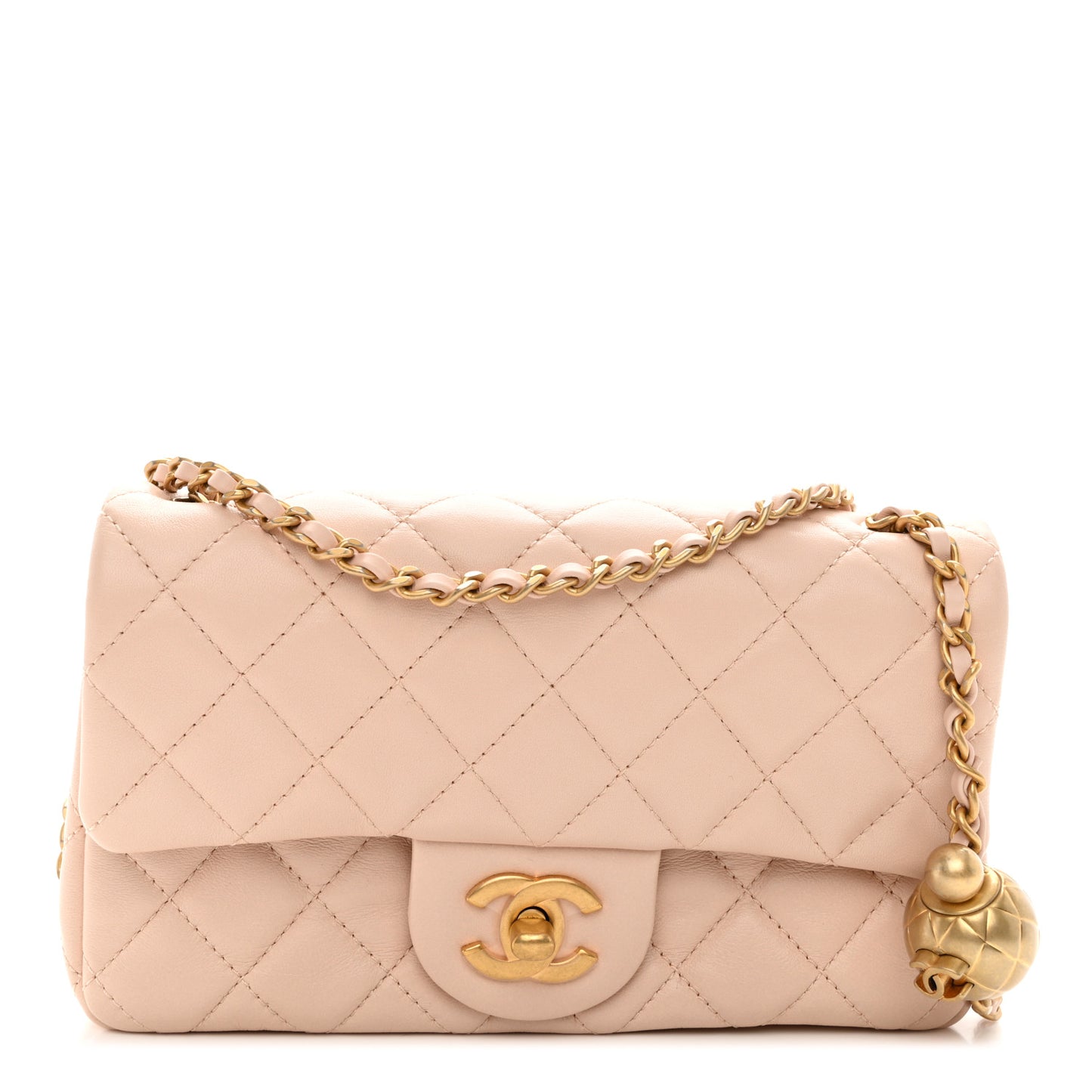 Lambskin Quilted Mini Rectangular Pearl Crush Flap Light Beige