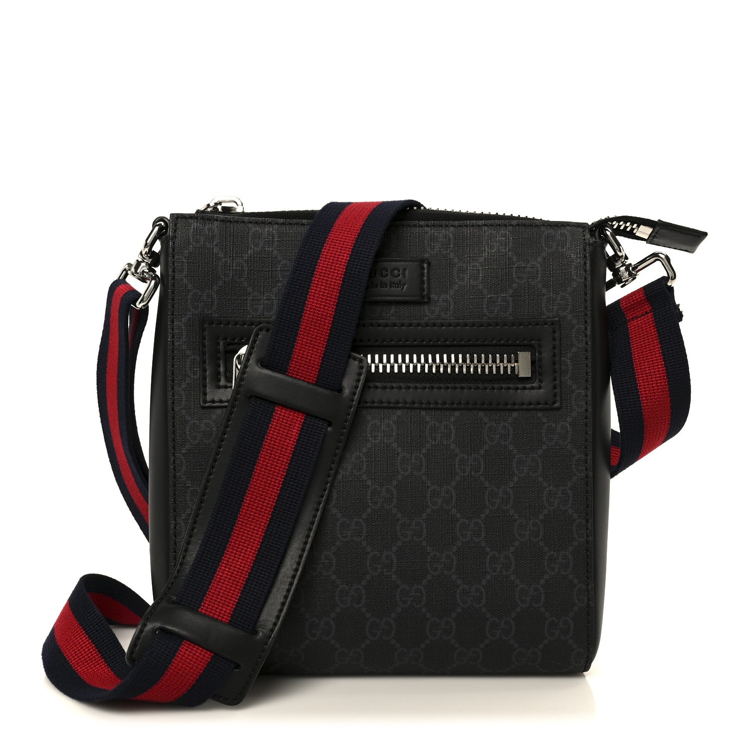 Gucci GG Supreme Monogram Web Small Flat Messenger Bag Black Grey 1 of 12