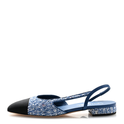 Chanel Tweed Grosgrain Cap Toe Slingback Flats 39.5 Blue White Black 1 of 10