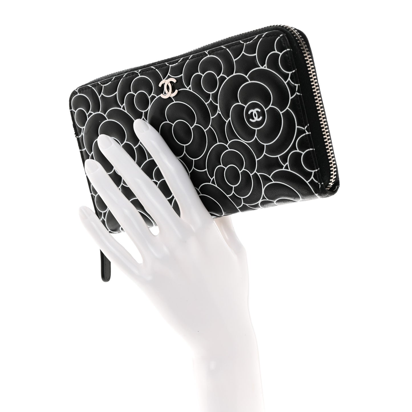 Lambskin Camellia Embossed Large Zip Around Gusset Wallet Black White
