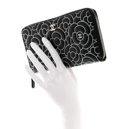 Chanel Lambskin Camellia Embossed Large Zip Around Gusset Wallet Black White 2 of 11