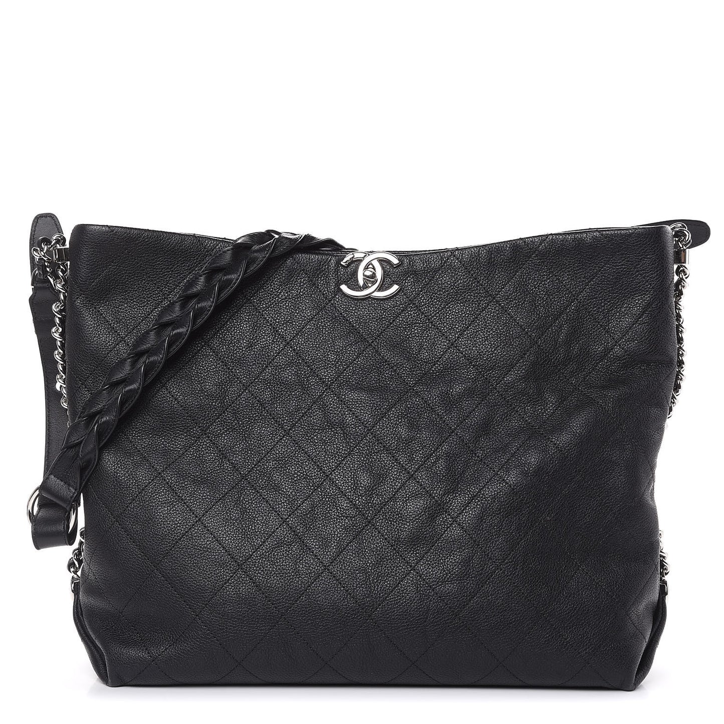 Grained Calfskin Stitched Medium Braided With Style Hobo Black