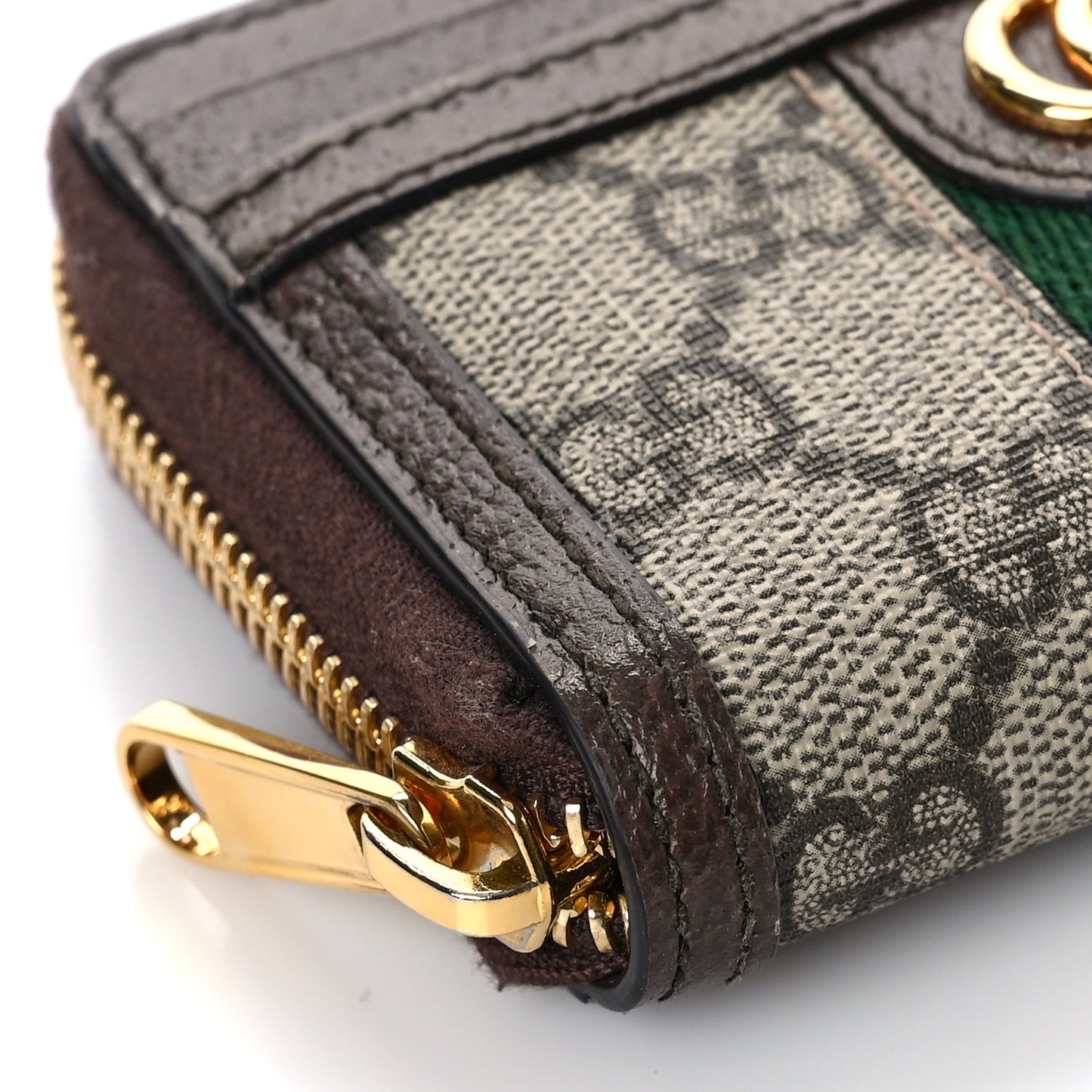 GG Supreme Monogram Textured Dollar Calfskin Web Ophidia Zip Around Card Case Wallet Beige Ebony New Acero