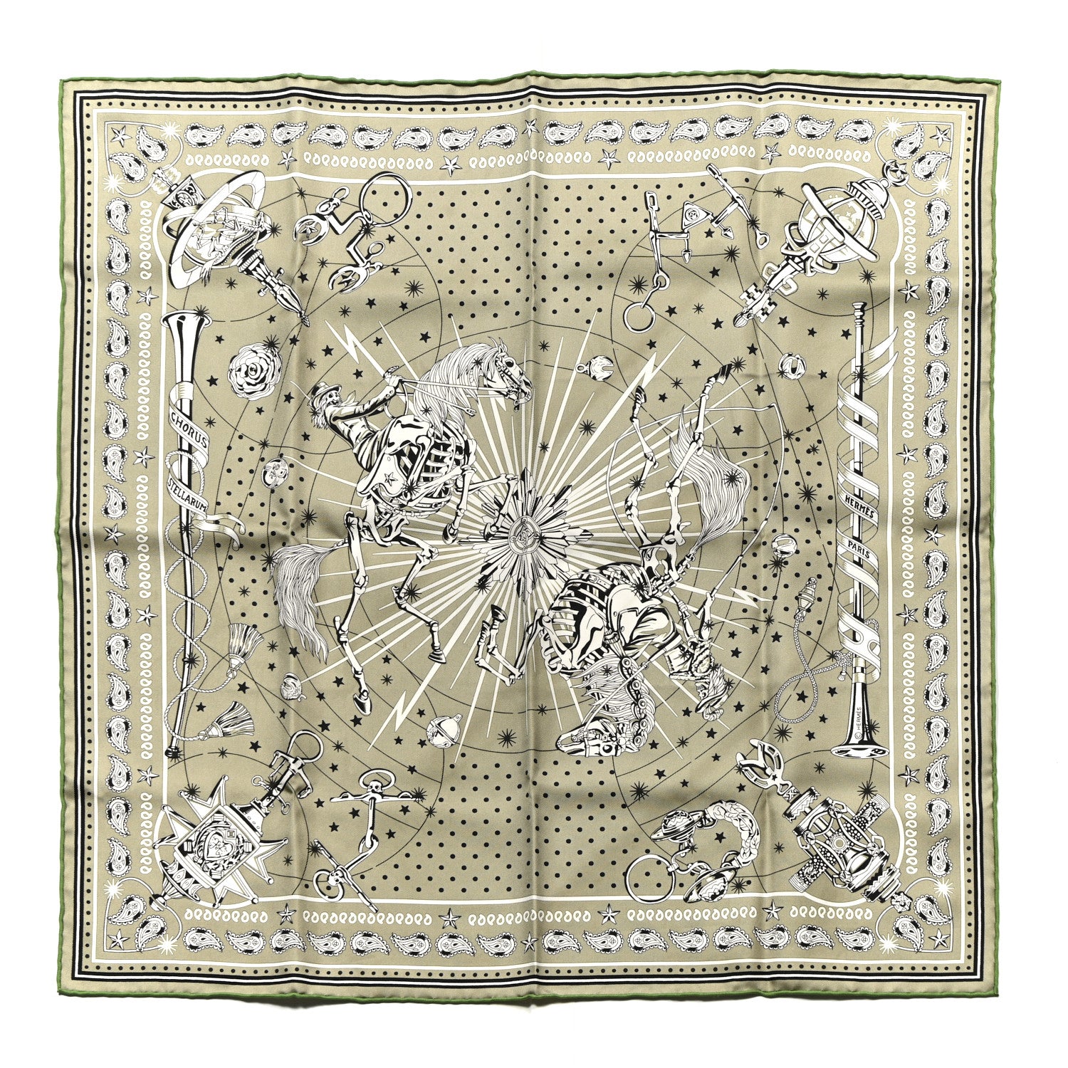 Hermes Silk Chorus Stellarum Bandana Scarf 55 Vert Argile White Noir 1 of 5