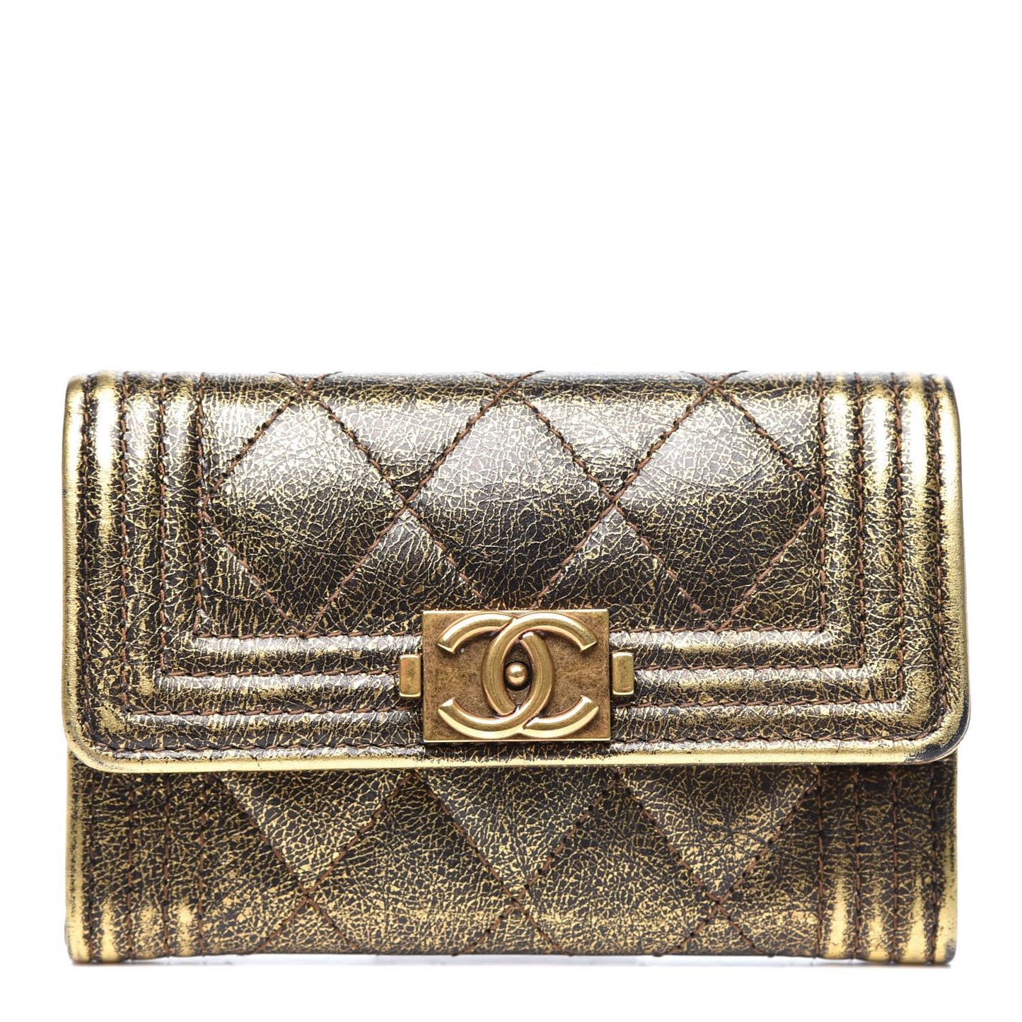 Cracked Metallic Calfskin Quilted Boy Flap Card Holder Wallet Gold