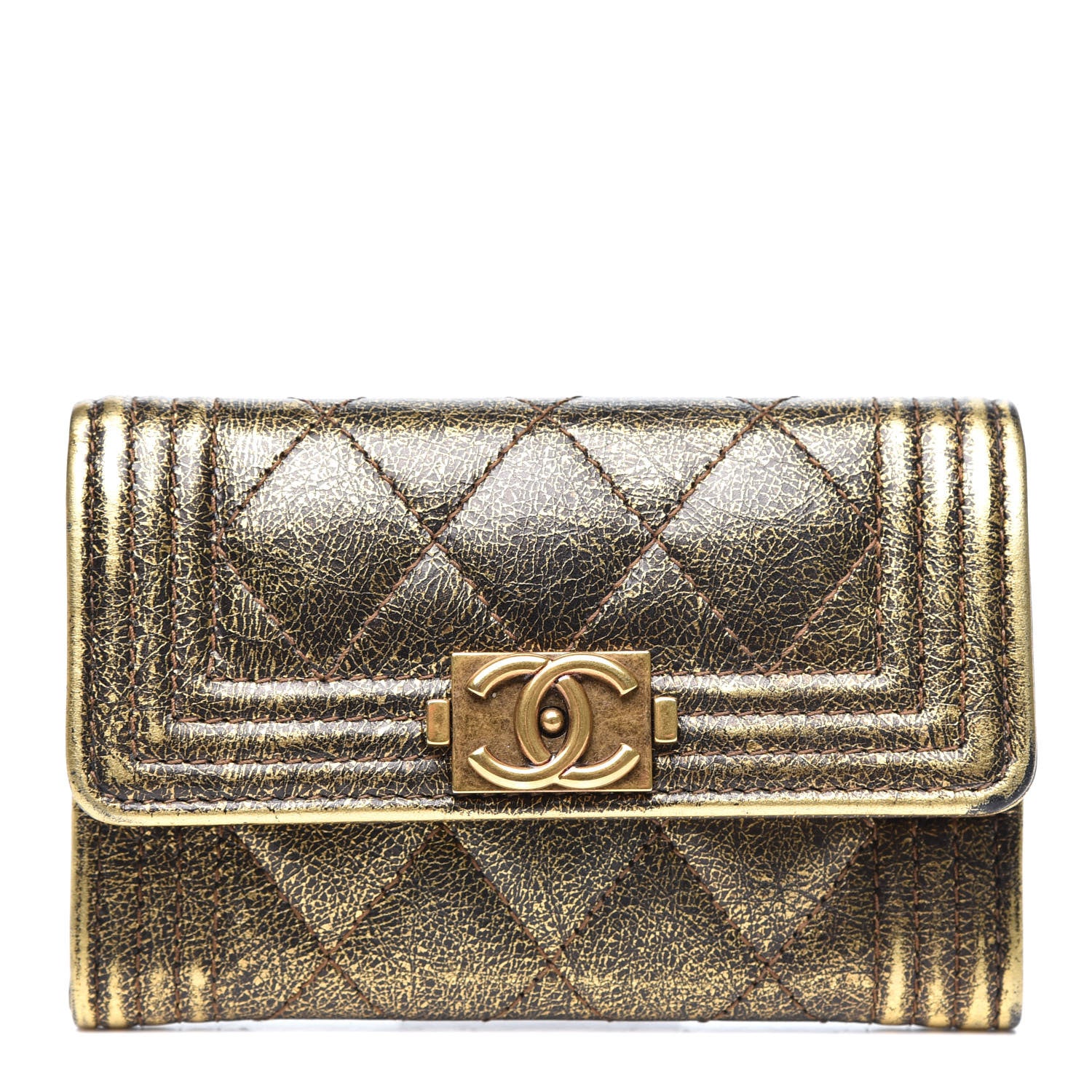 Chanel Cracked Metallic Calfskin Quilted Boy Flap Card Holder Wallet Gold 1 of 9