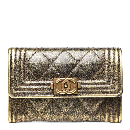 Chanel Cracked Metallic Calfskin Quilted Boy Flap Card Holder Wallet Gold 1 of 9