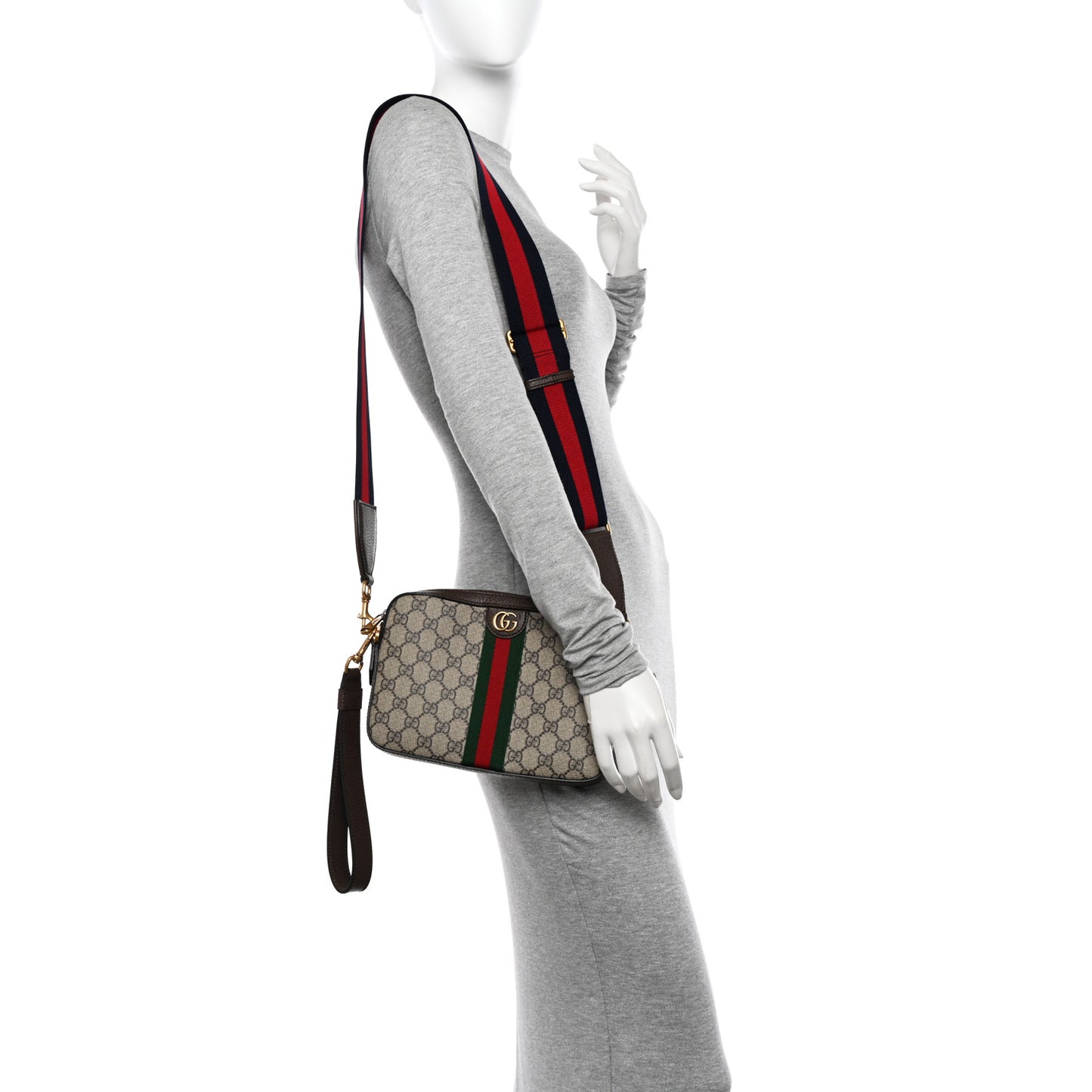GG Supreme Monogram Textured Dollar Calfskin Web Ophidia Wristlet Shoulder Bag Beige Ebony New Acero