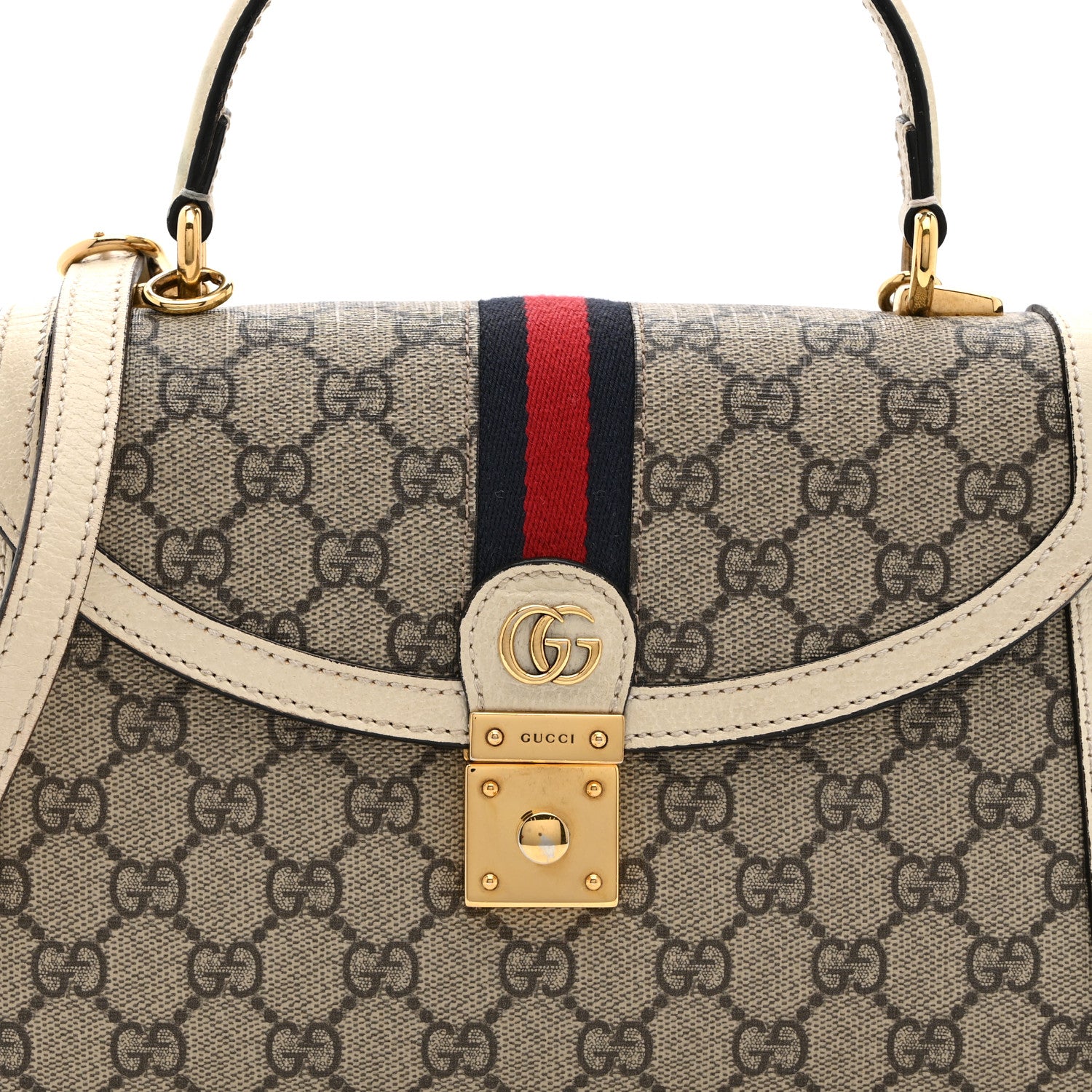 Gucci GG Supreme Monogram Textured Dollar Calfskin Web Small Ophidia Padlock Top Handle Bag Beige Ebony Mystic White 8 of 12