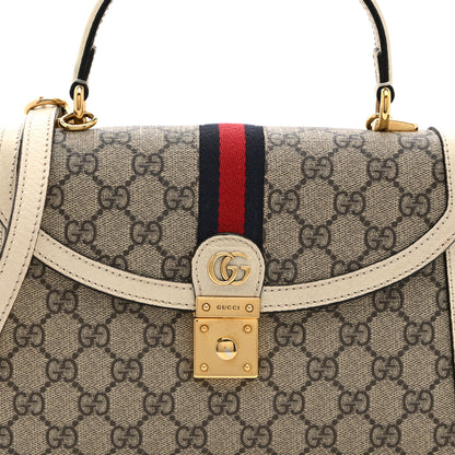 Gucci GG Supreme Monogram Textured Dollar Calfskin Web Small Ophidia Padlock Top Handle Bag Beige Ebony Mystic White 8 of 12