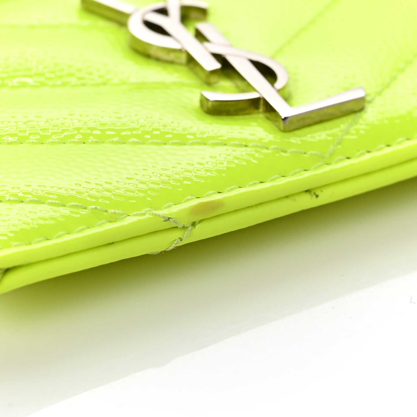 Patent Grain De Poudre Matelasse Chevron Monogram Credit Card Case Neon Yellow
