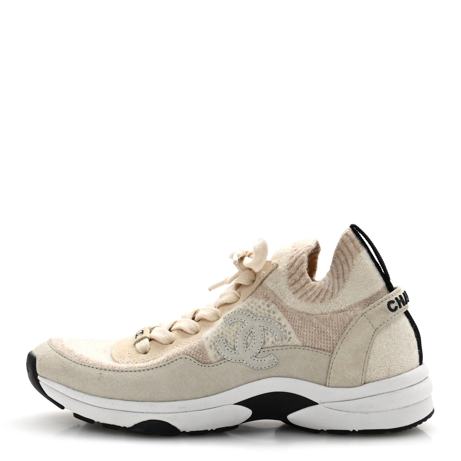 Chanel Knit Fabric Suede Calfskin Womens CC Sneakers 37 Ivory 1 of 10