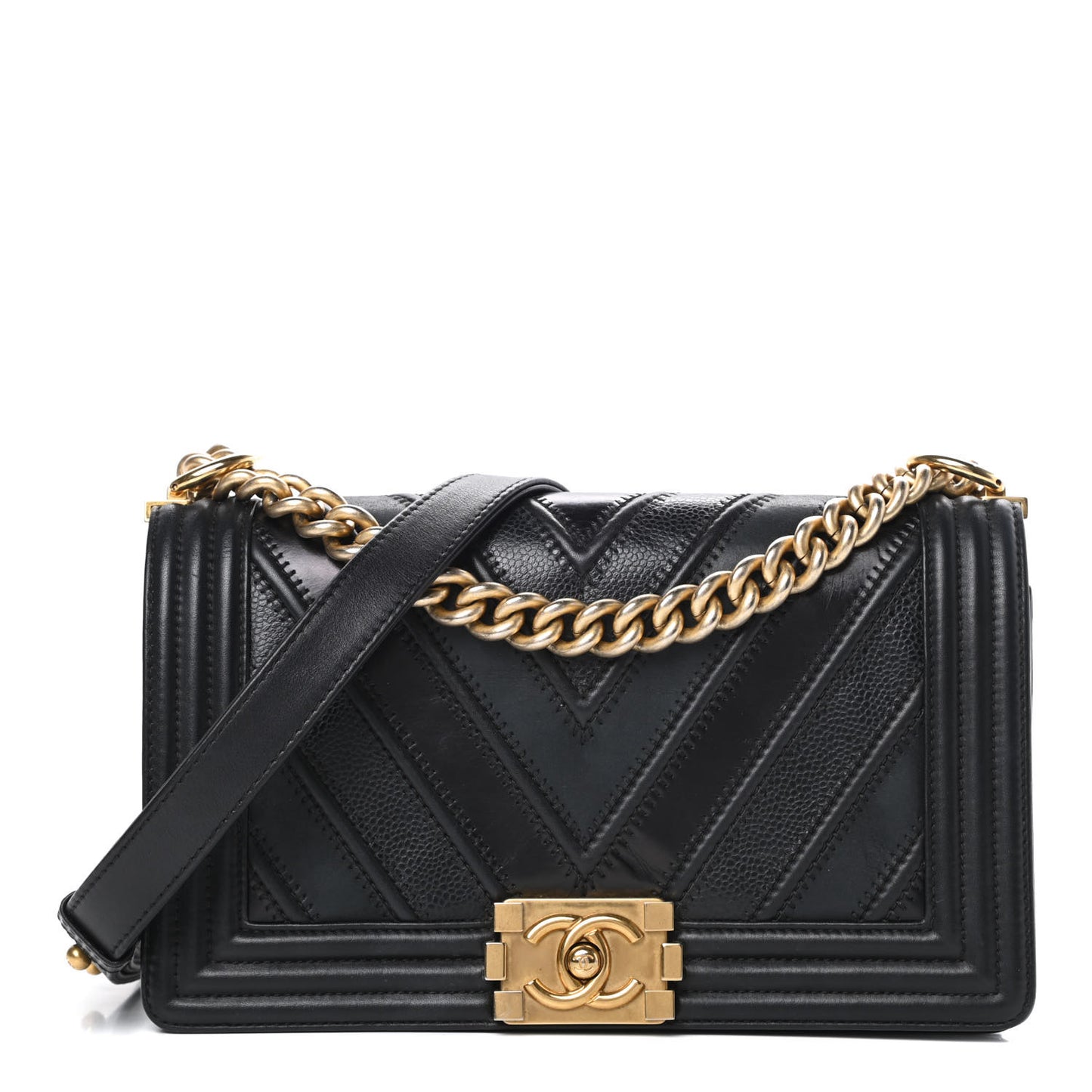Caviar Suede Calfskin Chevron Medium Boy Flap Black