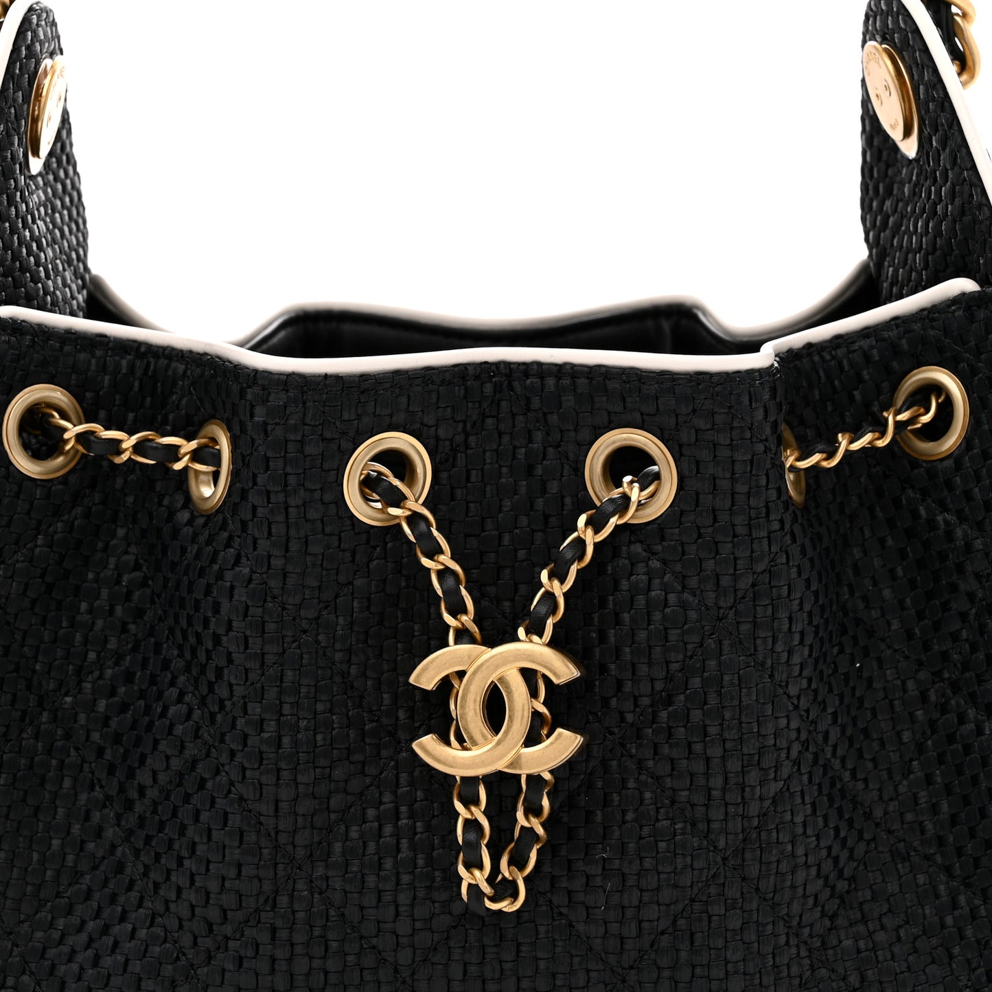 Braided Raffia Calfskin Mini Chanel 25 Handbag Black White