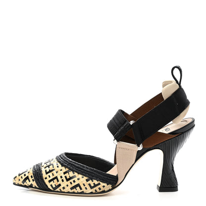 Fendi Raffia Grosgrain FF Intreccio Colibri 85mm Slingback Pumps 35 Naturale Black 1 of 9